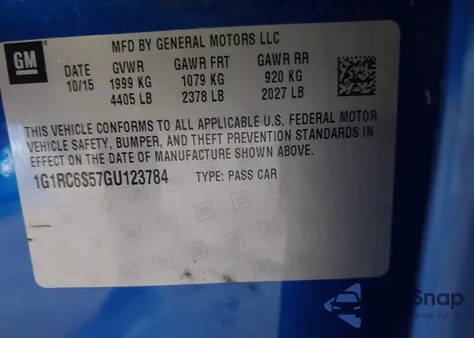 2016 Chevrolet Volt Lt z USA, uszkodzony, nr VIN 1G1RC6S57GU123784